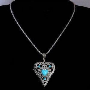 Heart Silver and Turquoise Crystal Pendant with Chain